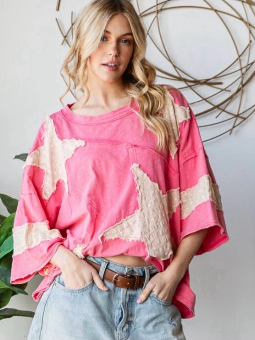 Oli & Hali Washed Star Patchwork Oversized Top Pink Boho Artisan Knit Tee SZ XL